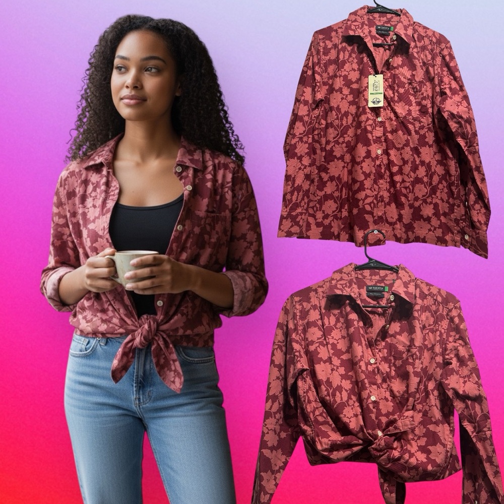 Vintage Y2K Dockers Women's Red Floral Button Down Shirt new with tags - Picture 1 of 9